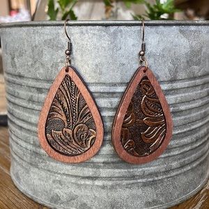 Wood and Vegan Leather Coppertone Teardrop Earrings NWT